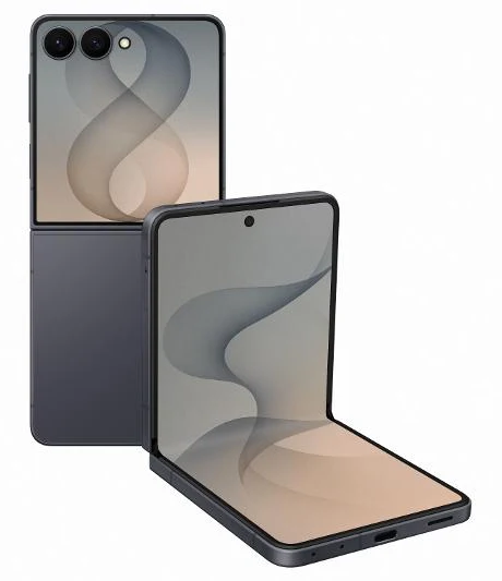 Galaxy Z Flip8 in graphite, closed and half open